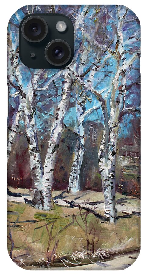Landscape iPhone Case featuring the painting Birch trees next door by Ylli Haruni