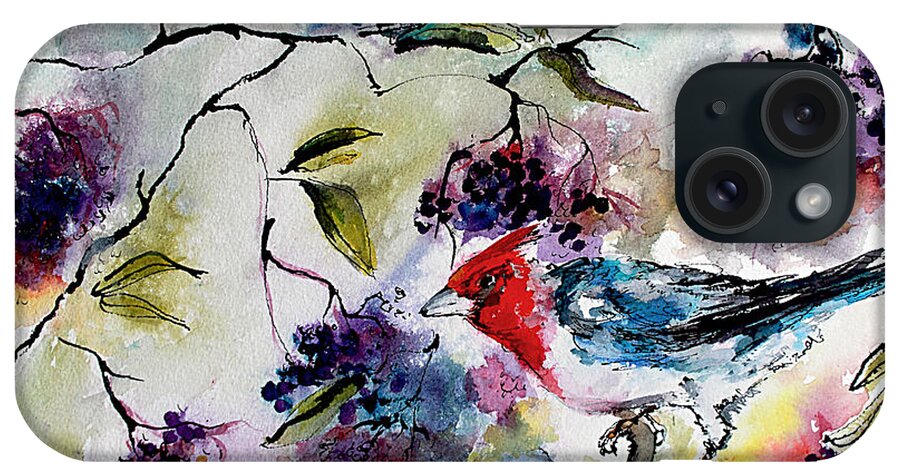 Watercolor iPhone Case featuring the painting Bird In Elderberry Bush Watercolor by Ginette Callaway