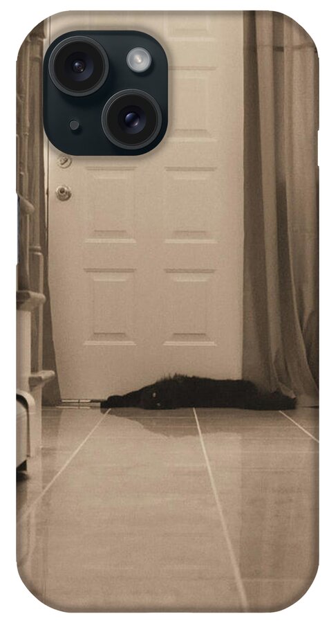 Sepia Photography iPhone Case featuring the photograph Black Cat in Hall by Geoff Jewett