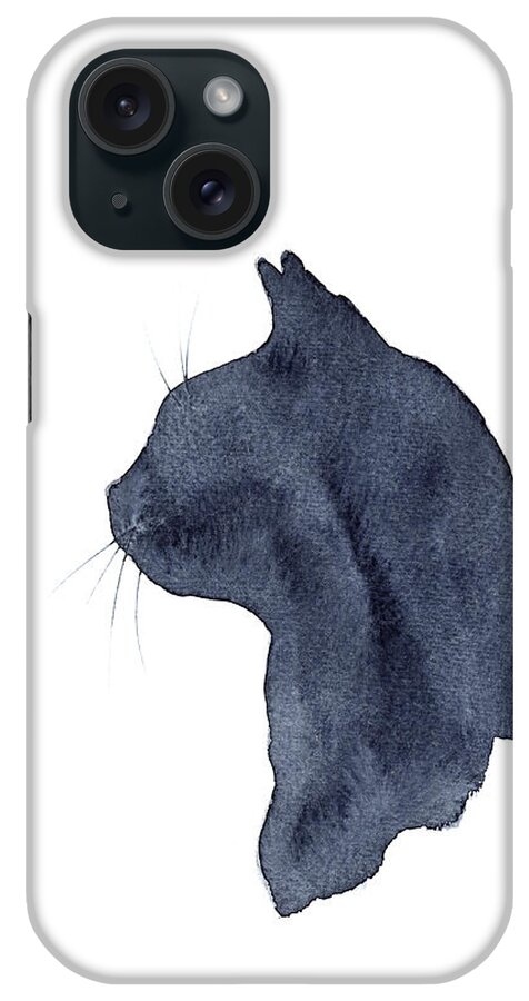 Cat iPhone Case featuring the painting Black cat silhouette watercolor painting by Karen Kaspar