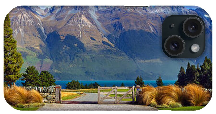 Mountains Mountain Landscape Landscapes South Island New Zealand Valley Pano Panorama Farming Road Gate Stone Wall Glenorchy Rural Landscape Landscapes South Island New Zealand Lake Wakatipu Panoramic Panoramas Blanket Bay iPhone Case featuring the photograph Blanket Bay and Mt Bonpland by Bill Robinson