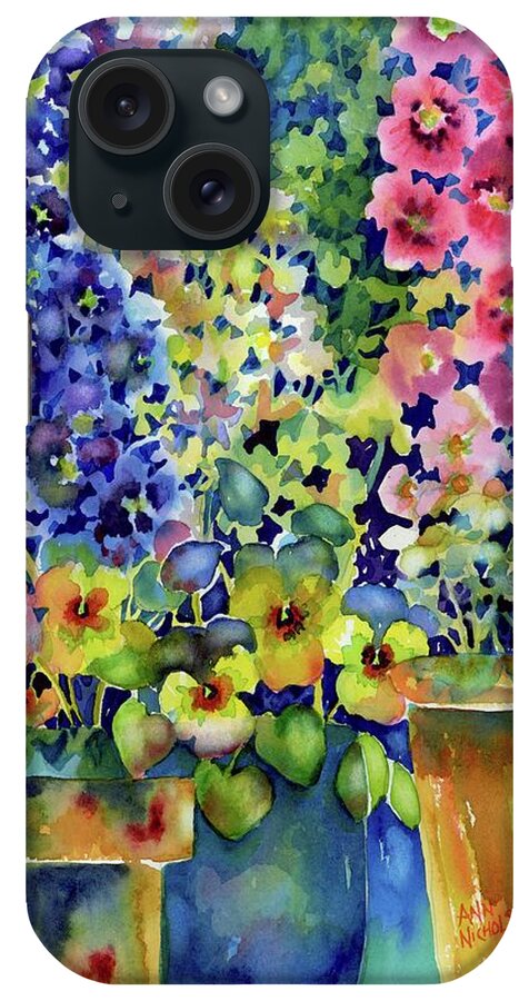 Watercolor iPhone Case featuring the painting Blooms in Pots by Ann Nicholson