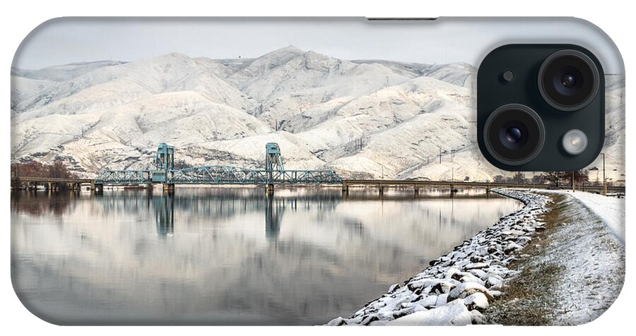 Lewiston Idaho Id Clarkston Washington Wa Lc-valley Lc Valley Pacific Northwest Palouse Confluence Snake River Clearwater Blue Interstate Bridge Draw Path Snow Winter Rocks White Cold Hill Mountain Calm Serene Bick Walk Reflection iPhone Case featuring the photograph Blue Bridge in the Winter by Brad Stinson