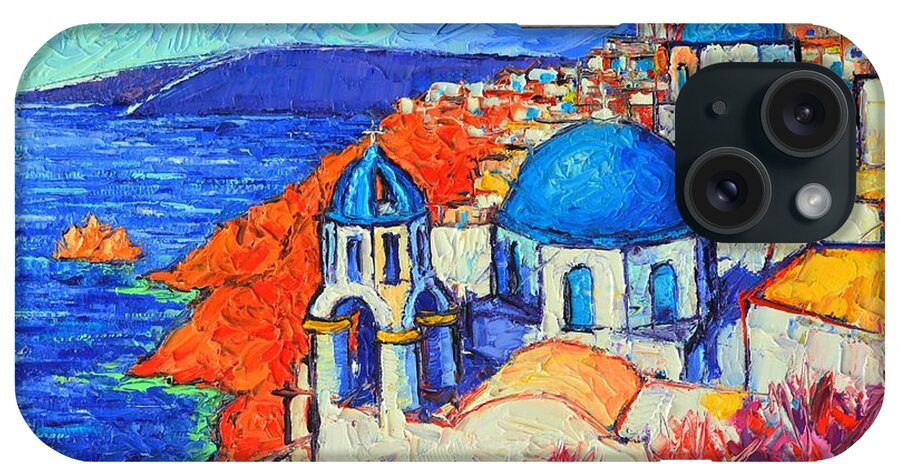 Santorini iPhone Case featuring the painting BLUE DOMES IN OIA SANTORINI GREECE original impasto palette knife oil painting by Ana Maria Edulescu by Ana Maria Edulescu