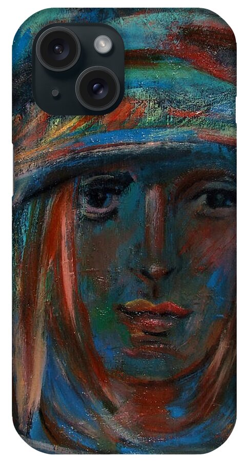 Katt Yanda Original Art Oil Painting Young Girl Portrait Blue Face iPhone Case featuring the painting Blue Faced Girl by Katt Yanda