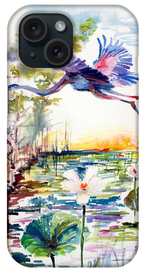 Blue Heron iPhone Case featuring the painting Blue Heron Glides over Lotus Flowers by Ginette Callaway