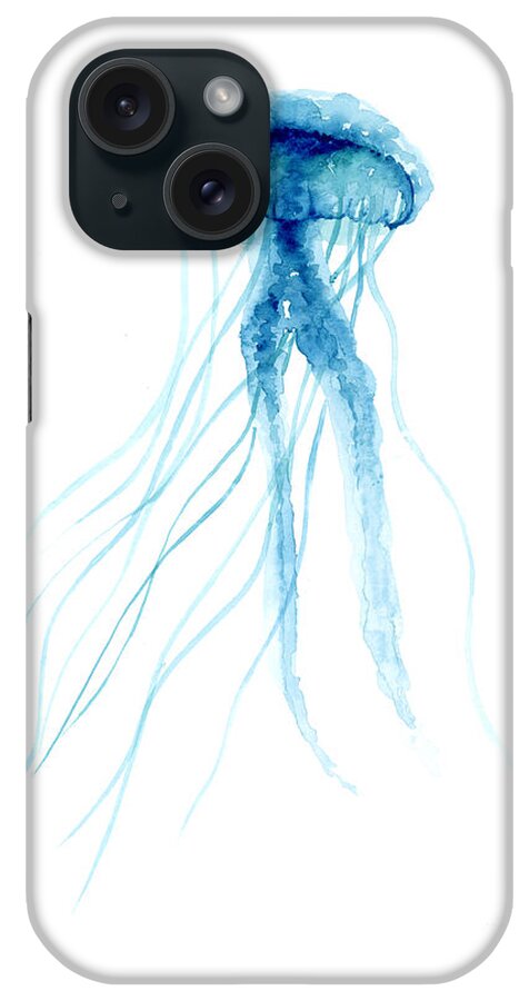  Abstract iPhone Case featuring the painting Blue jellyfish minimalist painting by Joanna Szmerdt