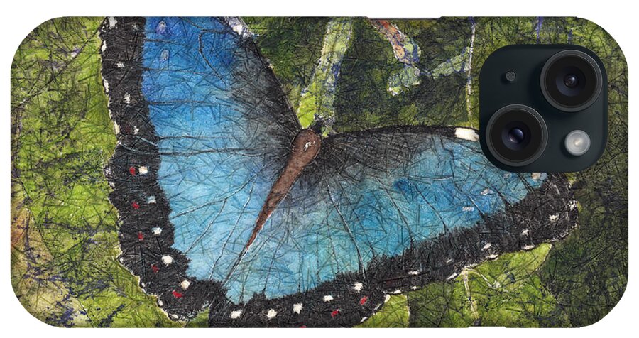 Blue Butterfly iPhone Case featuring the painting Blue Morpho Butterfly Batik by Conni Schaftenaar