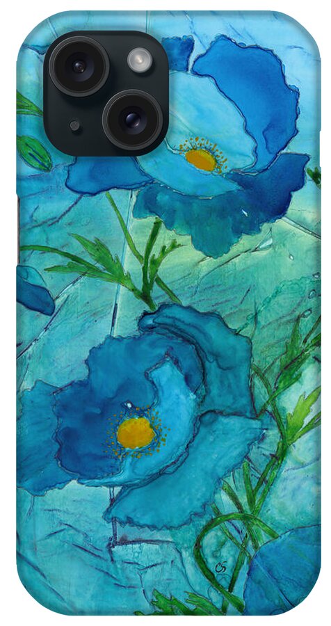 Poppies iPhone Case featuring the painting Blue Poppies, Watercolor on Yupo by Conni Schaftenaar