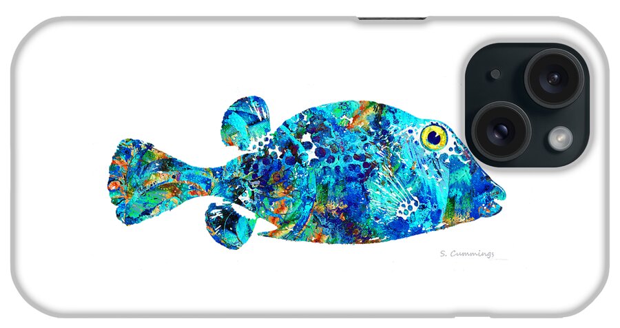 Fish iPhone Case featuring the painting Blue Puffer Fish Art by Sharon Cummings by Sharon Cummings