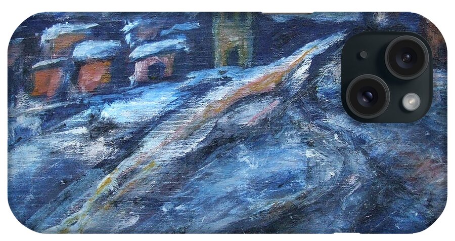 Katt Yanda Original Art Landscsape Oil Painting Blue Snow City iPhone Case featuring the painting Blue Snow City by Katt Yanda
