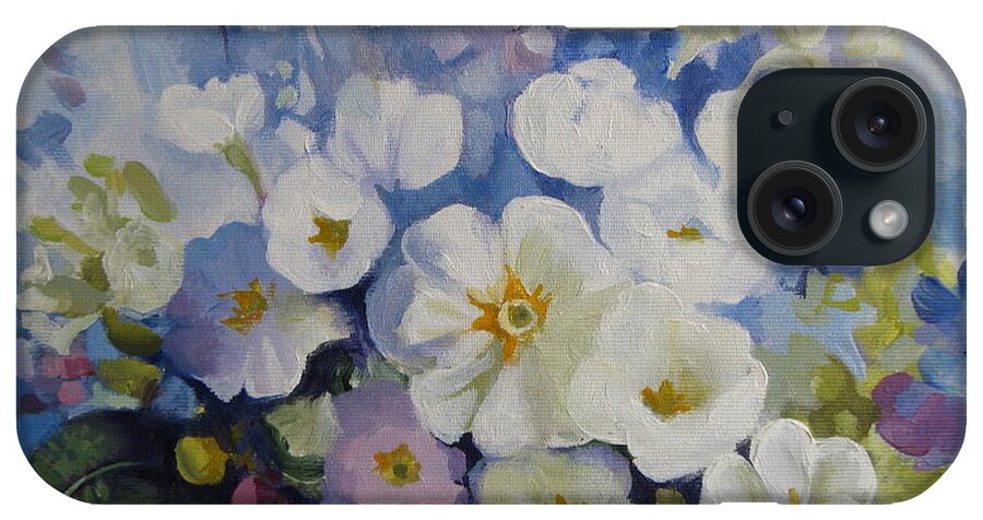 Primrose iPhone Case featuring the painting Blue spring by Elena Oleniuc
