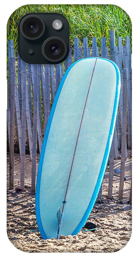 Montauk iPhone Case featuring the photograph Blue Surfboard at Montauk by Art Block Collections