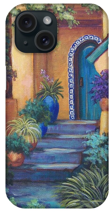 Adobe House iPhone Case featuring the painting Blue Tile Steps by Candy Mayer