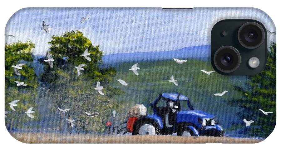 Blue Tractor iPhone Case featuring the painting Painting Blue Tractor Ploughing Field Lampeter Ceredigion Wales by Edward McNaught-Davis