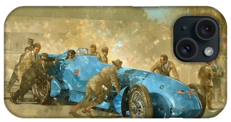 Car; Race Car; Vehicle; Racing; Track; Racetrack; Race Track; Vintage; Racer; Blue; Team; Pushing; Sportscar; Land Speed Test iPhone Case featuring the painting Bluebird by Peter Miller 