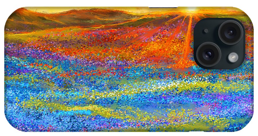 Bluebonnet iPhone Case featuring the painting Bluebonnet Horizon - Bluebonnet Field Sunset by Lourry Legarde