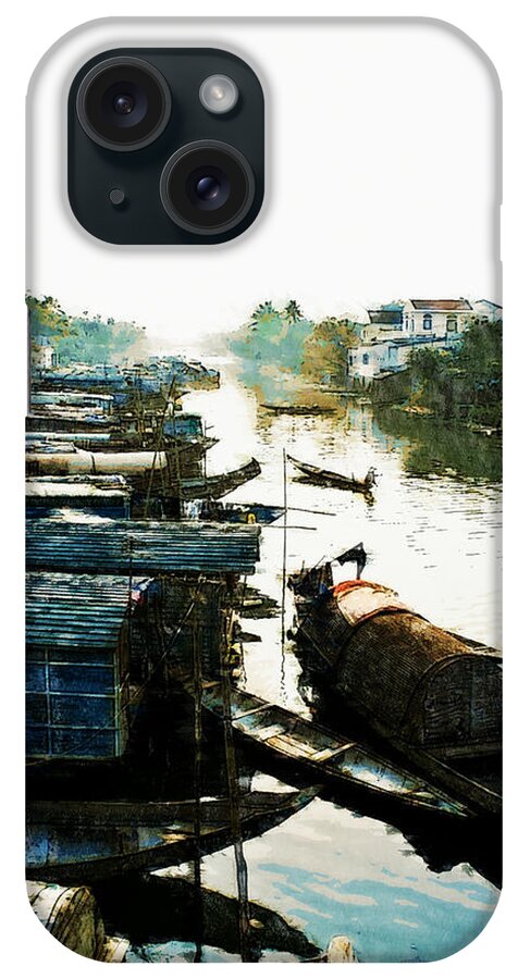Asia iPhone Case featuring the digital art Boathouses in Vietnam by Cameron Wood