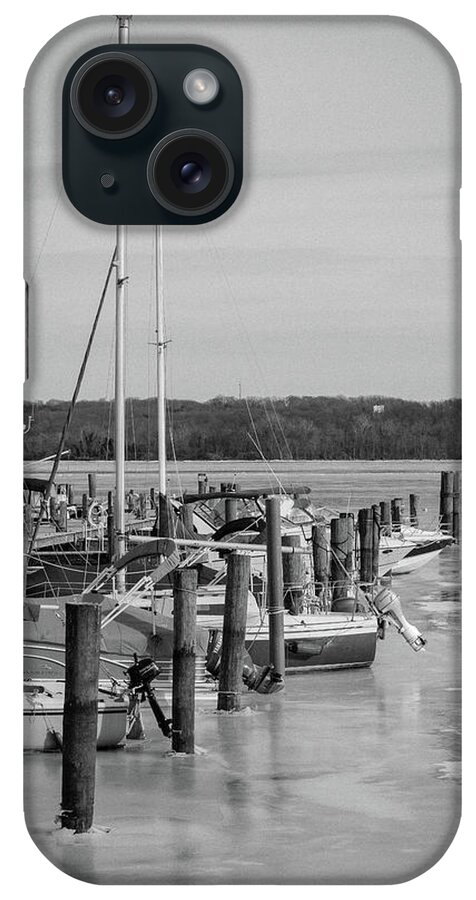Boats iPhone Case featuring the photograph Boats In Icy Harbor in Black and White by Liz Albro