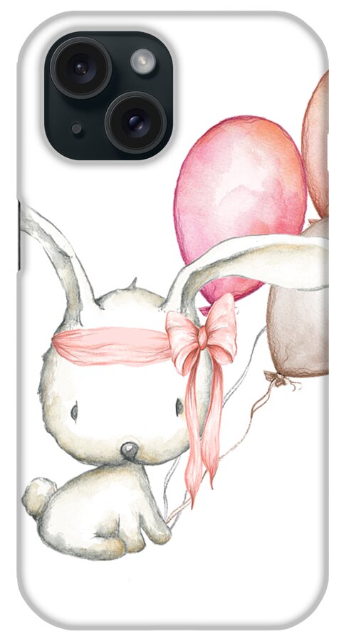 Boho iPhone Case featuring the digital art Boho Bunny With Balloons by Pink Forest Cafe