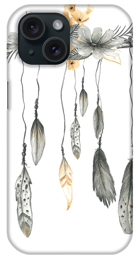 Boho iPhone Case featuring the digital art Boho Feathers Floral Branch by Pink Forest Cafe