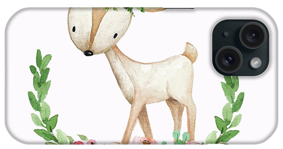 Woodland Deer iPhone Case featuring the digital art Boho Woodland Baby Nursery Deer Floral Watercolor Print by Pink Forest Cafe