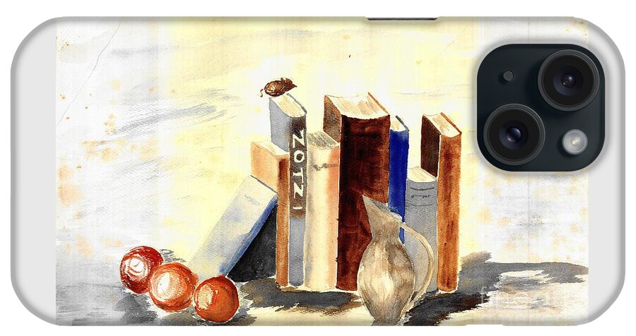 Books iPhone Case featuring the painting Books on the Desk - A Still Life Watercolor by Eleanor Robinson