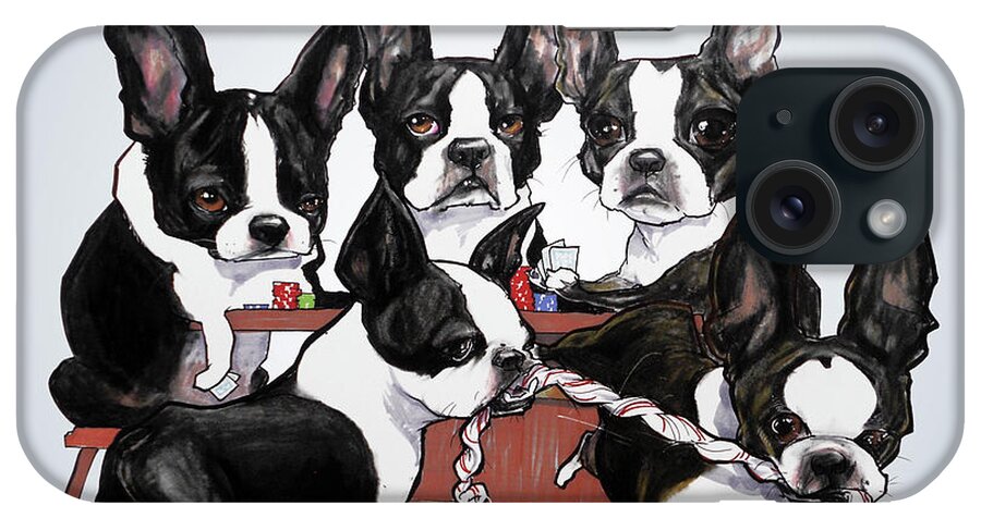 Boston Terrier iPhone Case featuring the drawing Boston Terrier - Dogs Playing Poker by John LaFree