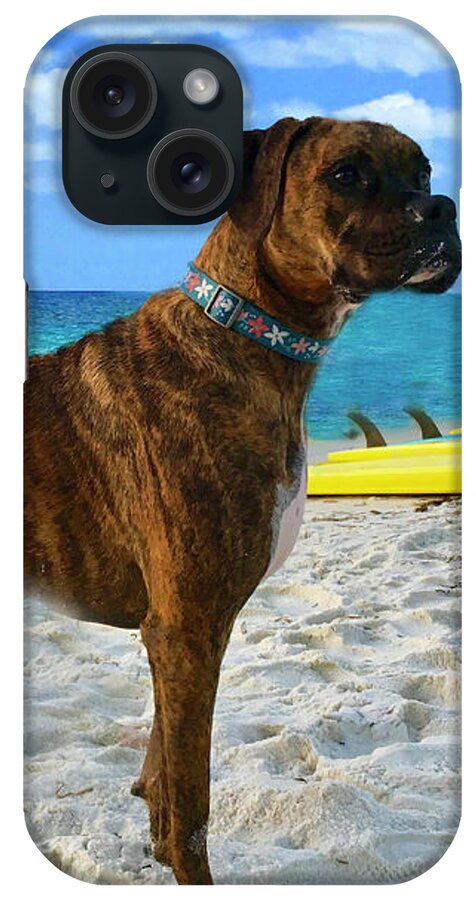 Boxer iPhone Case featuring the painting Boxer Dog Surfer Beach Bum And Friend by Saundra Myles