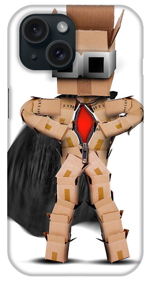 Box; Boxes; Hero; Character; Super; Cape; Mask; Cartoon; Isolated; White; Red; Graphics; 3d; Composite; Man; Figure iPhone Case featuring the digital art Box hero standing with cape and mask by Simon Bratt