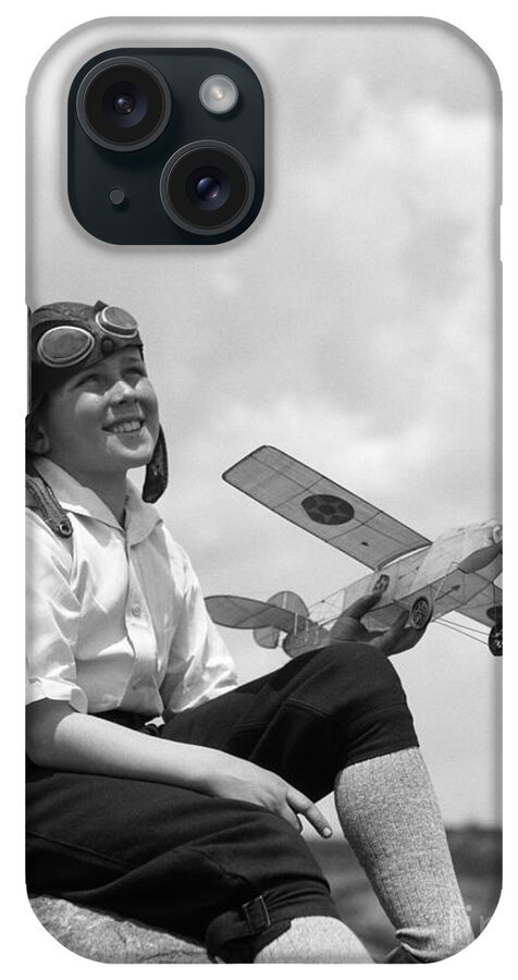 1930s iPhone Case featuring the photograph Boy In Aviator Cap With Model Plane by H. Armstrong Roberts/ClassicStock