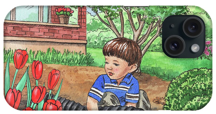 Boy iPhone Case featuring the painting Boy In The Garden Helping Parents by Irina Sztukowski