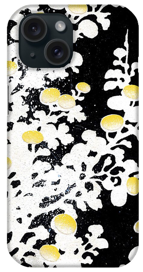 Yellow Flowers iPhone Case featuring the mixed media Branches of White Yellow Leaves and Flowers at Night, Black Background by Zalman Latzkovich