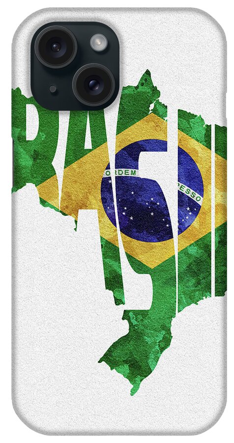 Brazil iPhone Case featuring the digital art Brazil Typographic Map Flag by Inspirowl Design