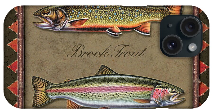 Jon Q Wright Jq Licensing Trout Fly Flyfishing Brown Trout Rainbow Trout Brook Trout Cutthroat Trout Fishing Lodge Cabin iPhone Case featuring the painting Brook and Rainbow trout by JQ Licensing