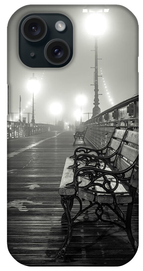 Brooklyn Bridge; Bench; Weather; Rain; Fog; Cold; People iPhone Case featuring the photograph Brooklyn Bridge and Bench, Study 2 by Randy Lemoine