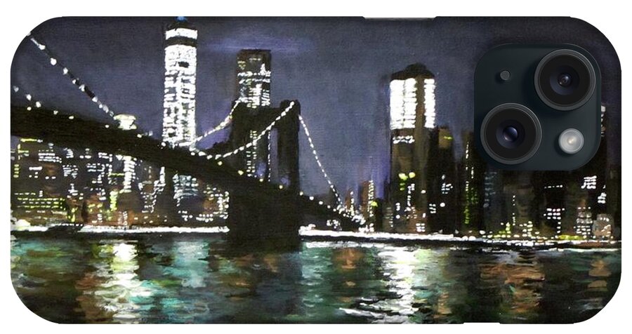 Brooklyn Bridge iPhone Case featuring the painting Brooklyn Bridge, East River at Night by Jack Skinner