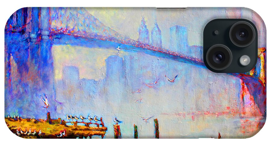 Brooklyn Bridge iPhone Case featuring the painting Brooklyn Bridge in a Foggy Morning by Ylli Haruni