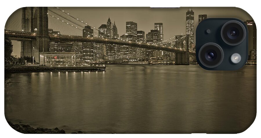 New York iPhone Case featuring the photograph Brooklyn Bridge NYC Skyline Sepia by Susan Candelario