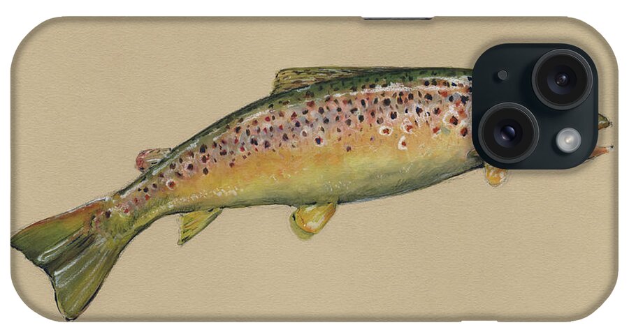 Trout Art iPhone Case featuring the painting Brown trout jumping by Juan Bosco