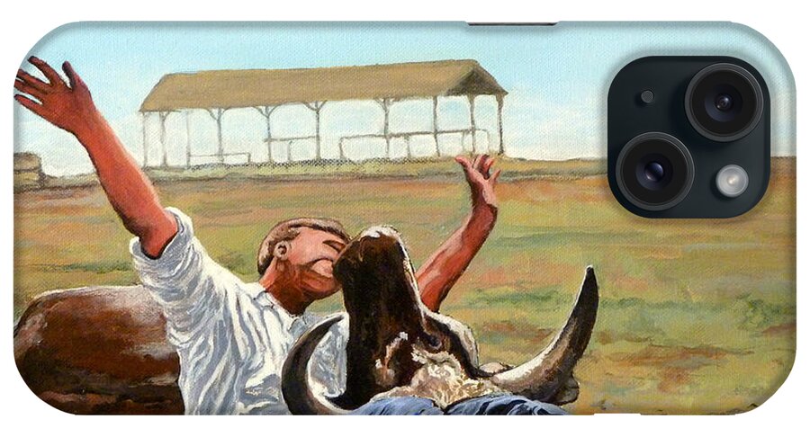 Bull iPhone Case featuring the painting Bucky Gets the Bull by Tom Roderick