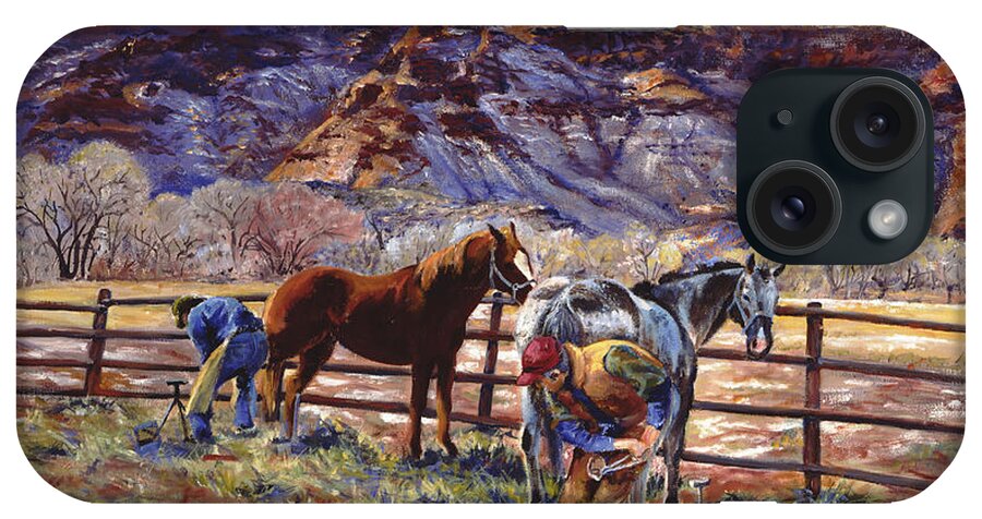 Horse iPhone Case featuring the painting Butch and Clayton Swapping Shoes and Tales by Page Holland