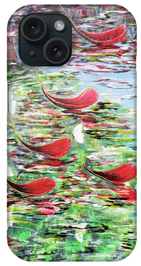 Acrylic Oil Mixed Media Art Abstract  Colorful Beautiful Water Reflections Pond River Butterfly Red Green Blue Poppy Leaf Leafs Swim Swimming Flying Chains Golden Flying Float Floating iPhone Case featuring the painting Butterfly Pond by Medea Ioseliani