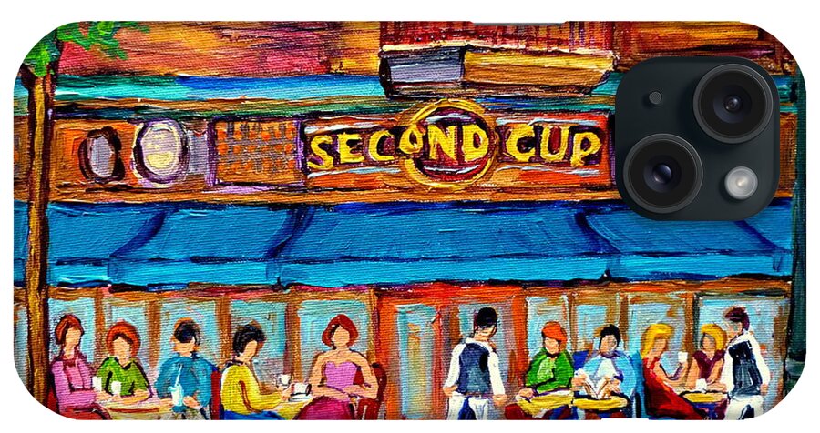 Cafe Second Cup Terrace Montreal Street Scenes iPhone Case featuring the painting Cafe Second Cup Terrace by Carole Spandau