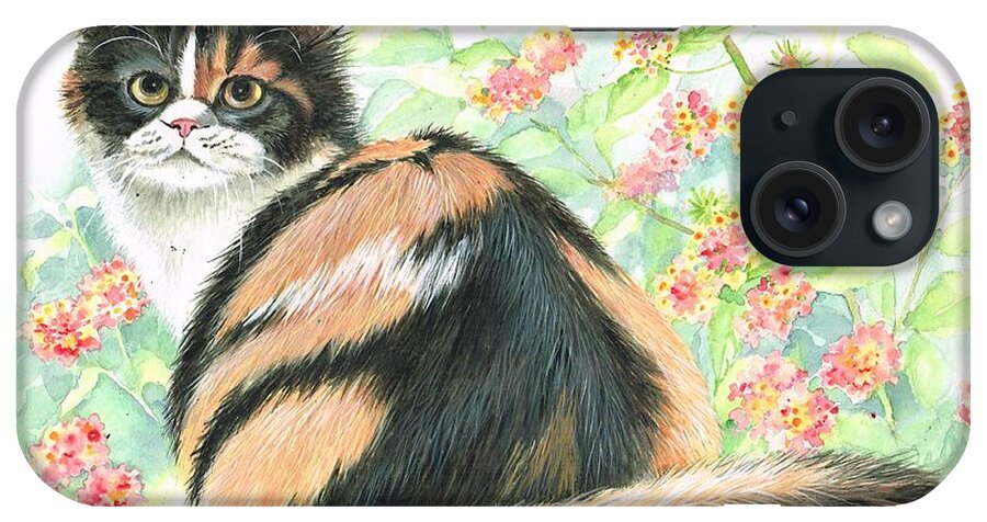 Cat. Tortoiseshell With Persian Influence iPhone Case featuring the painting Calico cat.. by Val Stokes