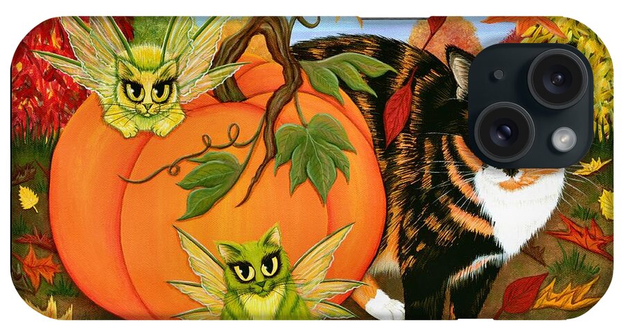 Fairy Cat iPhone Case featuring the painting Calico's Mystical Pumpkin - Fairy Cats by Carrie Hawks
