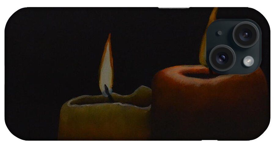 A Painting Of Two Candles With A Burning Flame. The Background Is Black. There Is A Small Yellow Candle Next To A Larger Orange Candle. iPhone Case featuring the painting Candle Light by Martin Schmidt