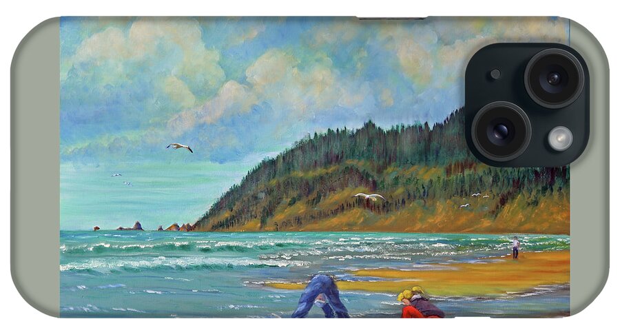 Cannon Beach Oregon iPhone Case featuring the painting Cannon Beach Kids by Kevin Hughes
