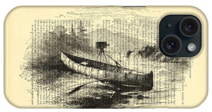 Canoe iPhone Case featuring the digital art Canoe with field camera in black and white antique illustration by Madame Memento