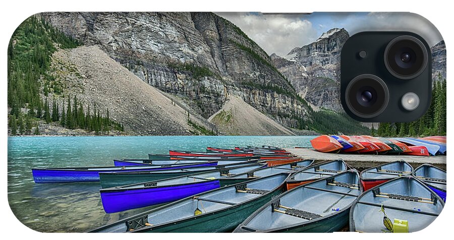Moraine Lake iPhone Case featuring the photograph Canoes on Moraine Lake by Paul Quinn